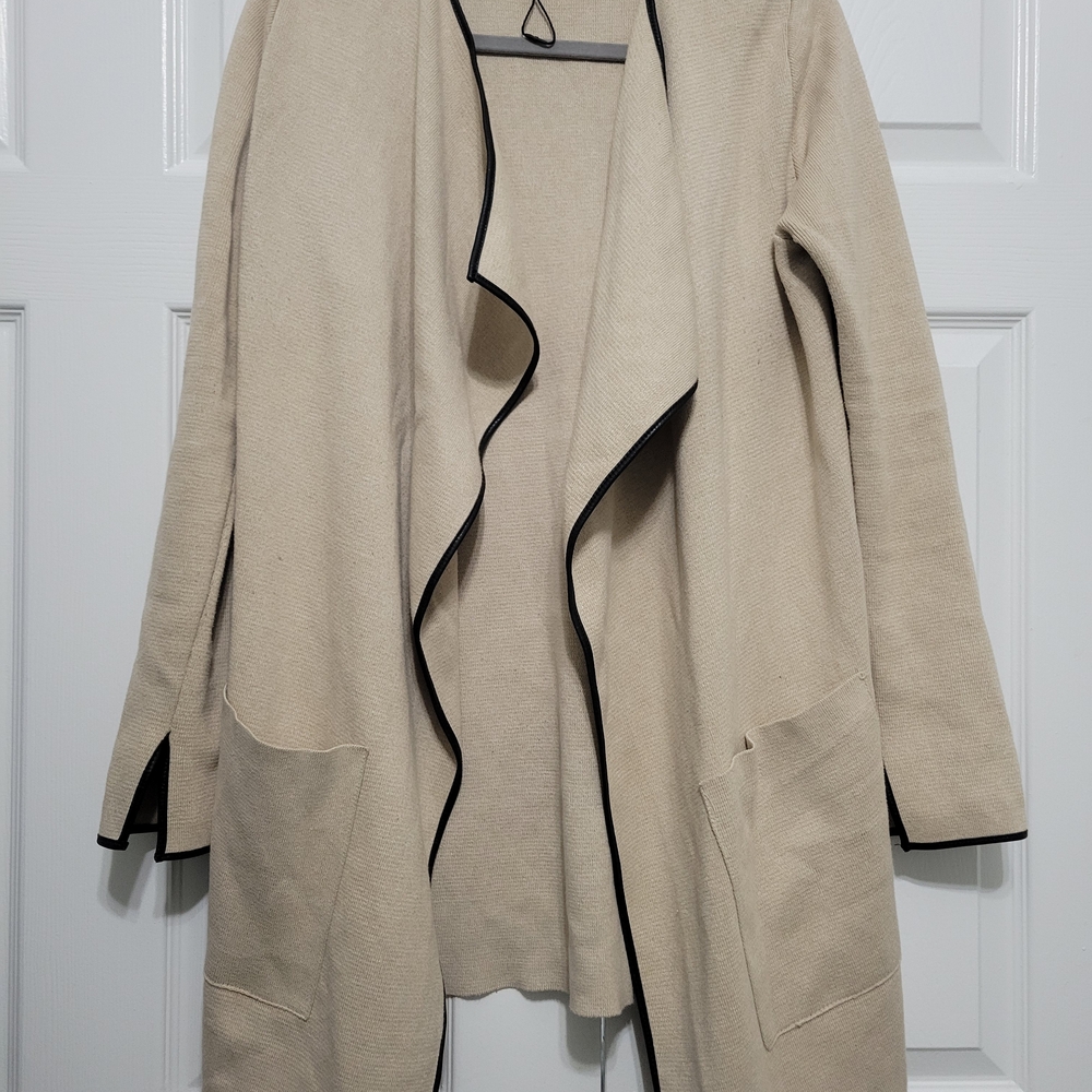 ZARA Knit Coatigan Beige Black Contrast Trim Open Front Long M Front Pockets